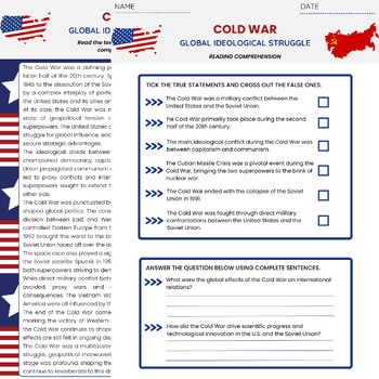 Cold War Reading Comprehension Informational Text Worksheet US World ...