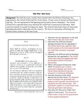Cold War Red Scare Primary Source Worksheet with Answer Key TPT