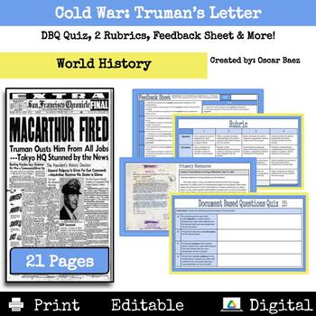 Preview of Cold War: Truman's Letter Primary Source DBQ Quiz, Rubrics, Feedback Sheet +More