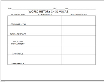 Preview of Cold War vocabulary worksheet