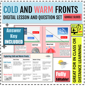 Preview of Cold and Warm Fronts- Lesson and Digital Questions (Editable/Answer Key)