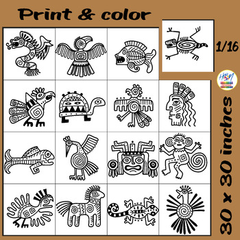 Preview of Collaborative Poster Coloring Pages with Mexican Aztec Animal, Mayan Patterns