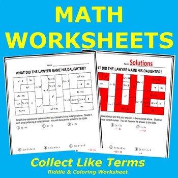 Preview of Collect Like Terms Riddle & Coloring Worksheet