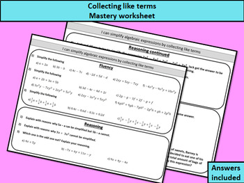 Preview of Collecting like terms - mastery worksheet