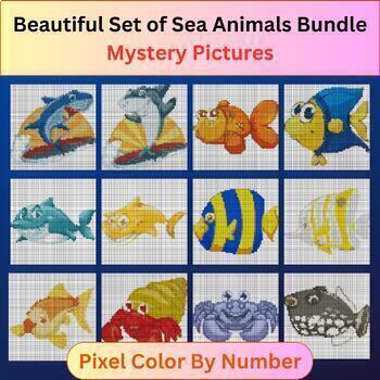 Preview of Collection of Sea Animals Bundle - Pixel Color By Number / Mystery Pictures