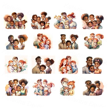 Preview of Collection of cartoon happy family portraits. Watercolor JPEG pictures clipart