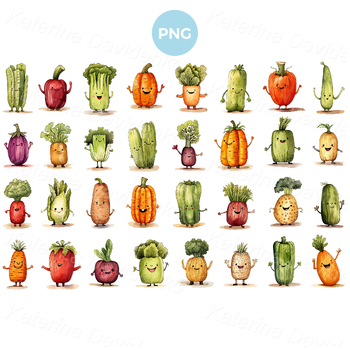 Collection of funny cartoon vegetable characters with cute happy faces