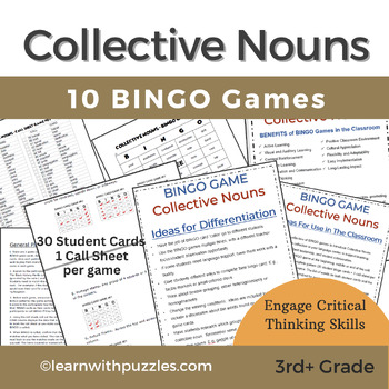 Preview of Collective Nouns Bingo Games 10 Games 300 Bingo Cards 3rd Grade+ Printable