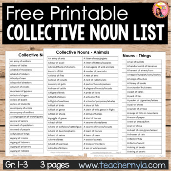 Collective Nouns Free Printable List by Nyla's Crafty Teaching | TPT