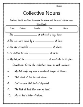 Collective Nouns Worksheet by Mrs Cullen's Creations | TpT