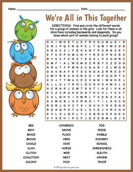 animal collective nouns word search puzzle worksheet activity tpt