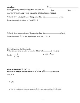Preview of Algebra - Linear, Quadratic, & Rational Equations & Functions - Exam / Worksheet