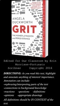 Preview of College & Career Readiness Unit: Duckworth's "Grit' & Accompanying Skills