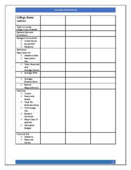 Preview of College Comparison Worksheet for 8-12th grade/Parent Meetings