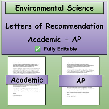 Preview of College Letter of Recommendation -  Academic and AP Environmental Science