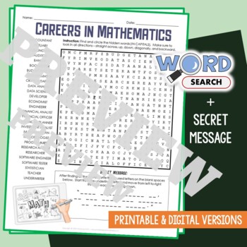 Preview of College MATH CAREERS, JOBS Word Search Puzzle Activity Vocabulary Worksheet