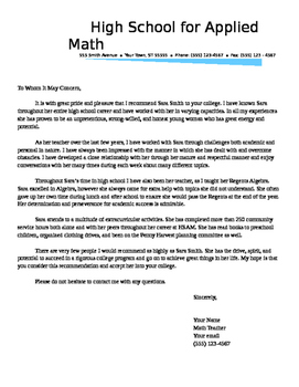 College Recommendation Letter By Math Angel Teachers Pay Teachers
