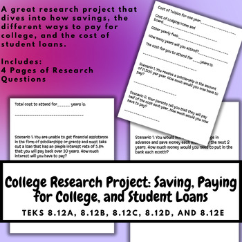 Preview of College Research Project: Paying for College, Student Loans, and Saving 