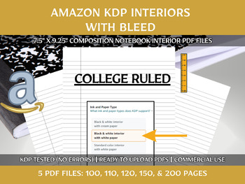Preview of College Ruled Composition Notebook KDP Interior 7.5 x 9.25 inches PDFs Bleed