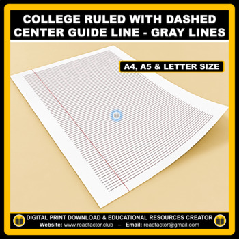Preview of College Ruled Paper, Dashed Center Guide Line, Gray Lines - A4, A5 & Letter Size