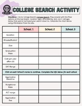 Preview of College Search Activity for High Schoolers (Ready to Print!) // Scholarship Info