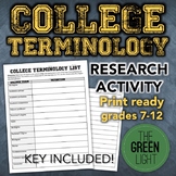 College Terminology Worksheet Activity With Answer Key -- College Research