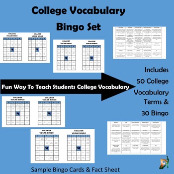 Preview of College Vocabulary Bingo - 30 Bingo Cards & 50 College Vocab Terms w/ Definition