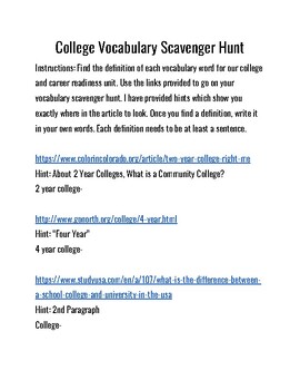 Preview of College Vocabulary Scavenger Hunt