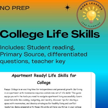 Preview of College and Roommate Ready Teen Life Skills Reading Comprehension Worksheet