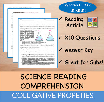Preview of Colligative Properties - Reading Passage and x 10 Questions (EDITABLE)