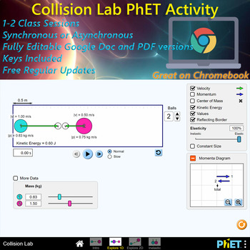 Preview of Collisions in 1 Dimension Momentum PhET SIM, EDITABLE, *Key Included* w/old pdf 