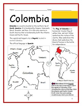 Preview of Introduce Colombia Printable Worksheet with map and flag