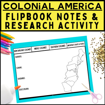 Preview of Colonial America 13 Colonies Flipbook Notes, Research, and Map Activity