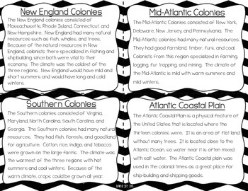 13 Colonies Reading Comprehension Fluency Task Cards About Colonial America