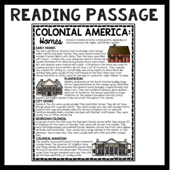 Colonial America Housing and Homes Reading Comprehension Worksheet