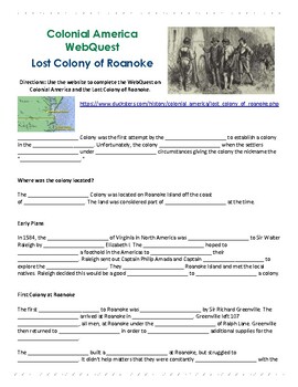 Preview of Colonial America Lost Colony of Roanoke WebQuest