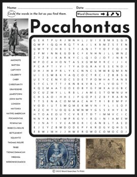 Colonial America Pocahontas Word Search Puzzle by Word Searches To Print