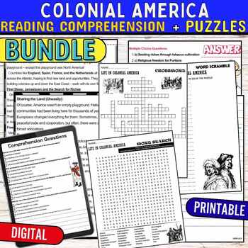 Preview of Colonial America Reading Comprehension Passage,Puzzles,Digital & Print BUNDLE