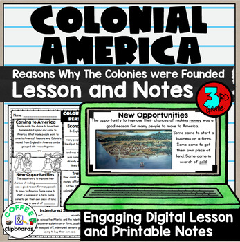 Preview of Colonial America: Reasons Why Colonies Were Founded Lesson & Activities  SS3H3a)