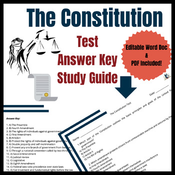 Preview of The Constitution Test & Study Guide | Answer Key Included | Editable Doc!