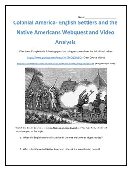 Preview of Colonial America- The English and Native Americans -Webquest and Video Analysis