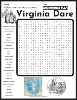 Preview of FREE Virginia Dare Word Search Puzzle - Colonial America