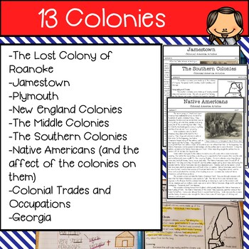 Colonial America and 13 Colonies Reading Passages, Activities & Worksheets