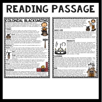 colonial blacksmiths reading comprehension worksheet by teaching to the