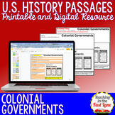 Colonial Governments - US History Reading Comprehension Pa
