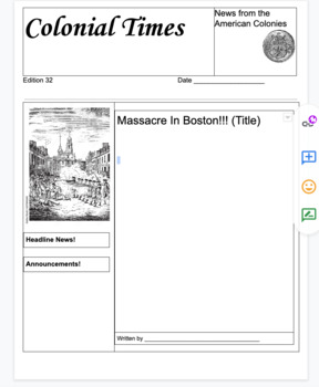 Preview of Colonial Newspaper Template for Boston Massacre News article (Google Doc)