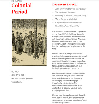 Preview of Colonial Period Bundle: DBQ/RLAH: NO PREP, Self Grading, US I, APUSH, History