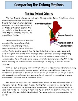 Chart Comparing Colonial Regions Answer Key