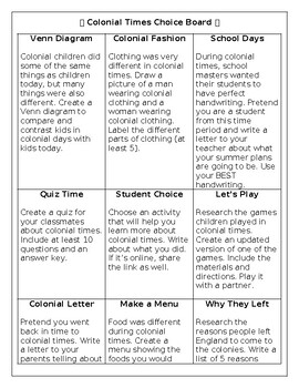 Preview of Colonial Times Choice Board Activities & Worksheets