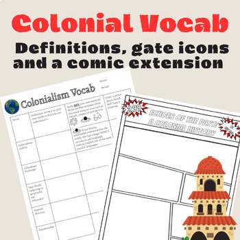 Preview of Colonial Vocabulary Handout: Definitions, Gate icons and Comic Extension!